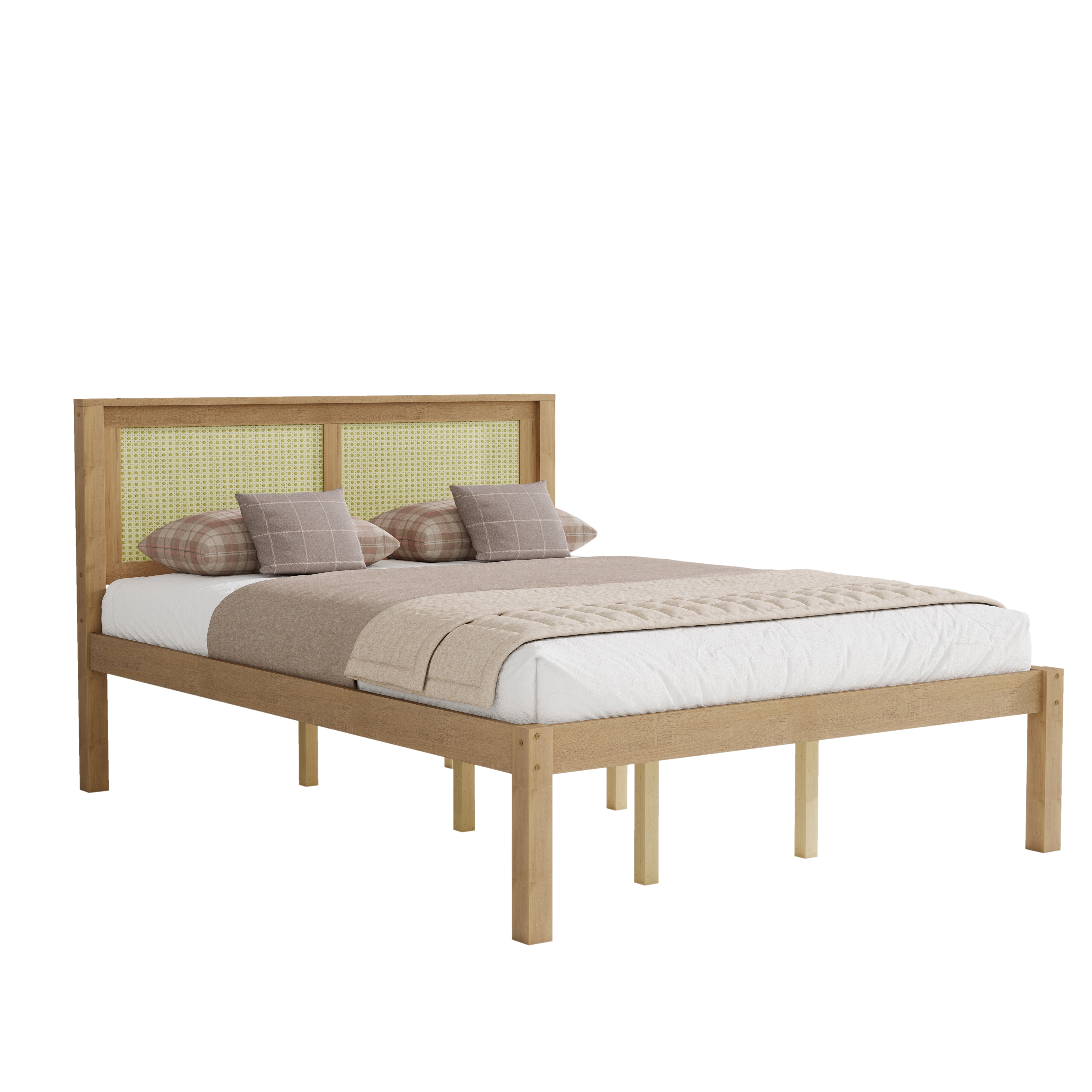 Queen Bed Frame with Rattan Headboard, Solid Wood Platform Bed and Farmhouse Boho Bed Frame with Under-Bed Storage for Bedroom, Natural Wood