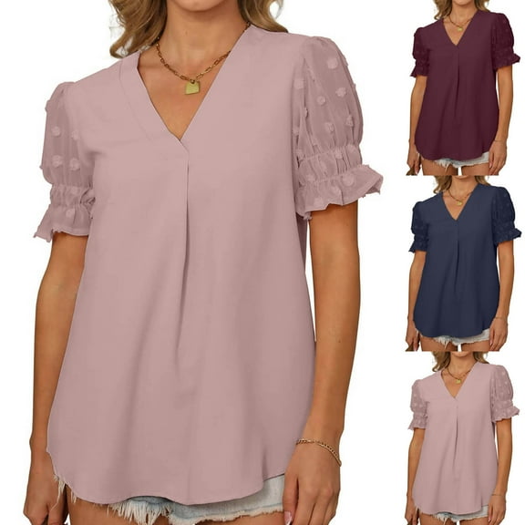 Mittory Summer Solid Color Tops Womens Chiffon Tunic V Neck Shirt Short Sleeve Tees Casual Polka Dot Blouse