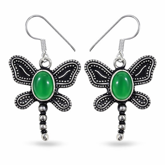 Tibetan Silver Butterfly Green Onyx Earrings, Bohemian Boho Tribal Ethnic Filigree Silver Plated Jewelry