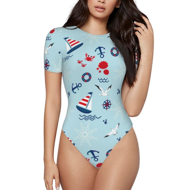 Balery Sailboats Anchors Body de cuello redondo de manga corta para mujer Tops de manga corta Tops básicos-XX-Large