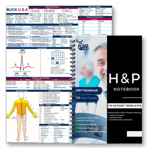 H&P Notebook: 110 Perforated Medical History & Physical Templates, 2-Page View, Spiral-Bound, Pocket Size 8.5"x5.5", Includes Medicine Reference Sheet, Ideal for Students & Professionals - 1 Pack