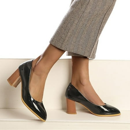 

Aayomet Pumps Shoes Women Ladies Fashion Solid Color Bright Leather Pointed Shallow Mouth Thick High Heeled Casual Shoes Black 9