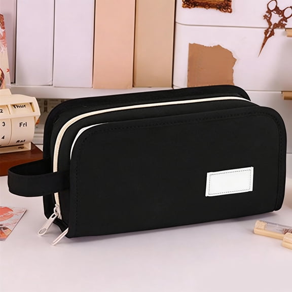Hyknon Large Capacity Pencil Case Pen Pouch, Multi-layered Pencil Holder with Handle, Solid‑Color Storage Bag with Zipper, Durable Pen Pouch for Adult, Portable Storage Bag for Office College, Black