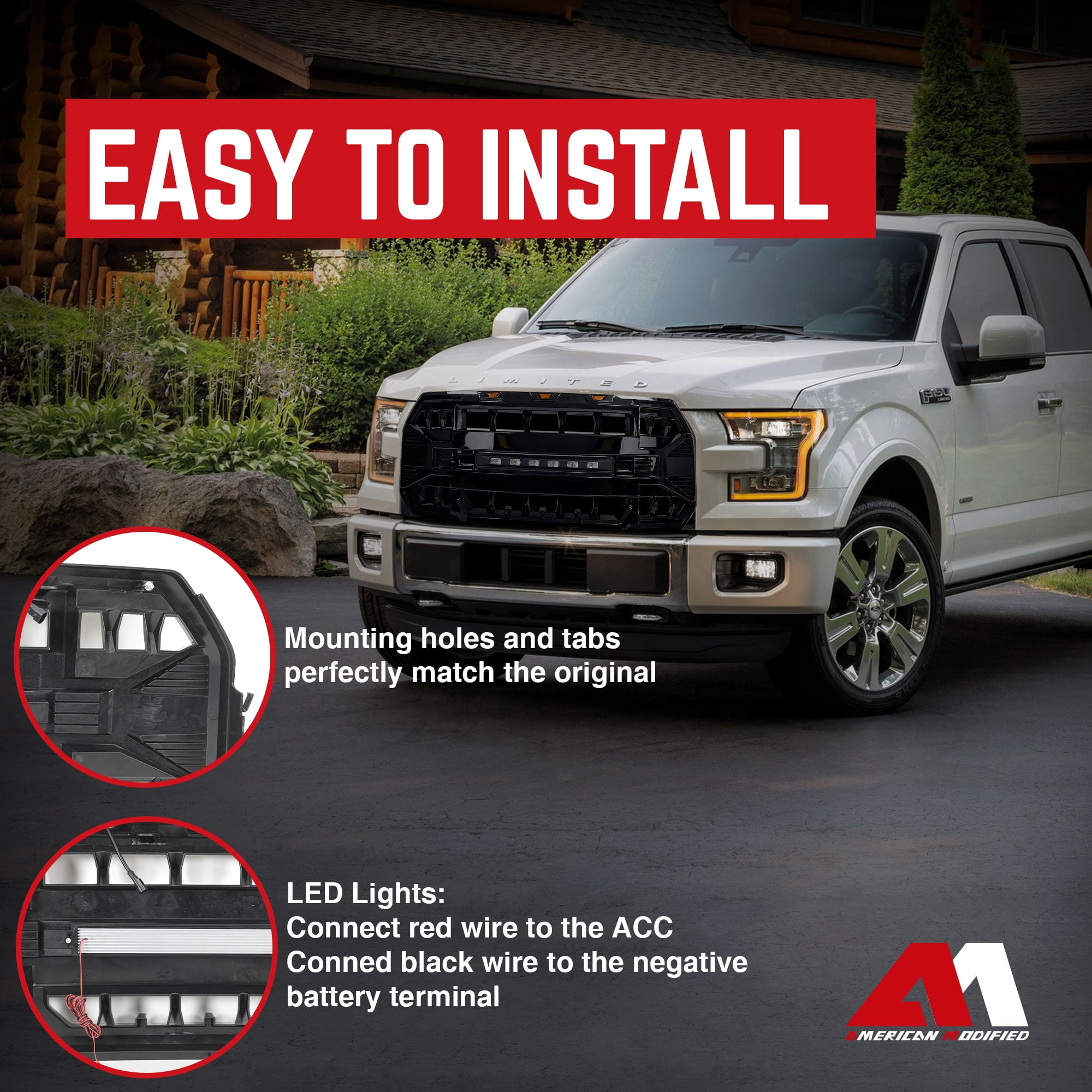AMERICAN MODIFIED Armor Front Grille for 2015-2017 Ford F150, Glossy Black