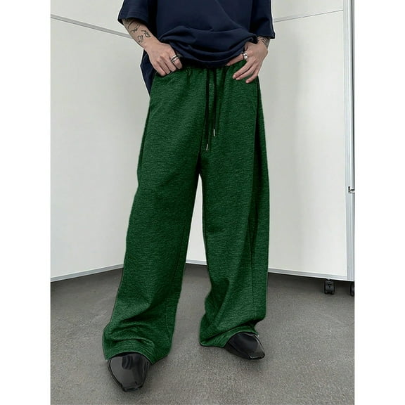 Dwelliawo Men's Baggy Pants Elastic Waist Wide Leg Gym Pants Athletic Fleece Lightweight Sweatpant with Pocket Drawstring Casual Pant Dark Green 2XL