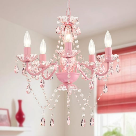 Pink Crystal Chandelier – 5 Light Acrylic Ceiling Fixture for Girls Bedroom, Nursery or Dining Room, 17in Wide