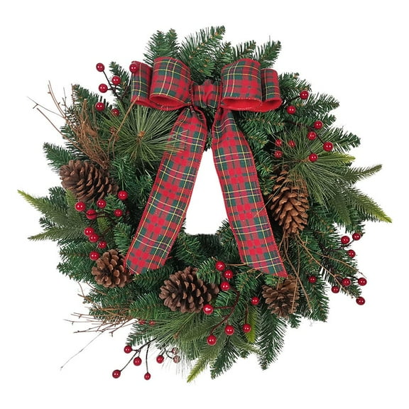 Kurt Adler 24-Inch Decorated Unlit Green Wreath with Bow, Holly Berrys and Cones