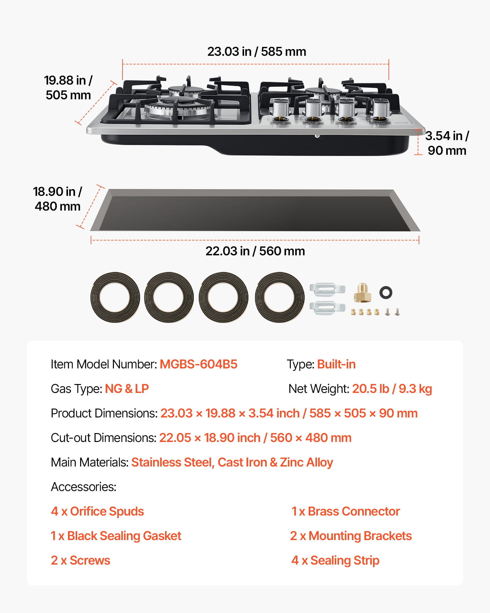 VEVOR 24 inch Gas Cooktop 4 Burners Gas Stove Top, Max 27000BTU Built-in Stainless Steel Stove Top LPG/NG Convertible Dual Fuel Cooktop Stoves with Thermocouple Protection for Kitchen Apartment Rvs