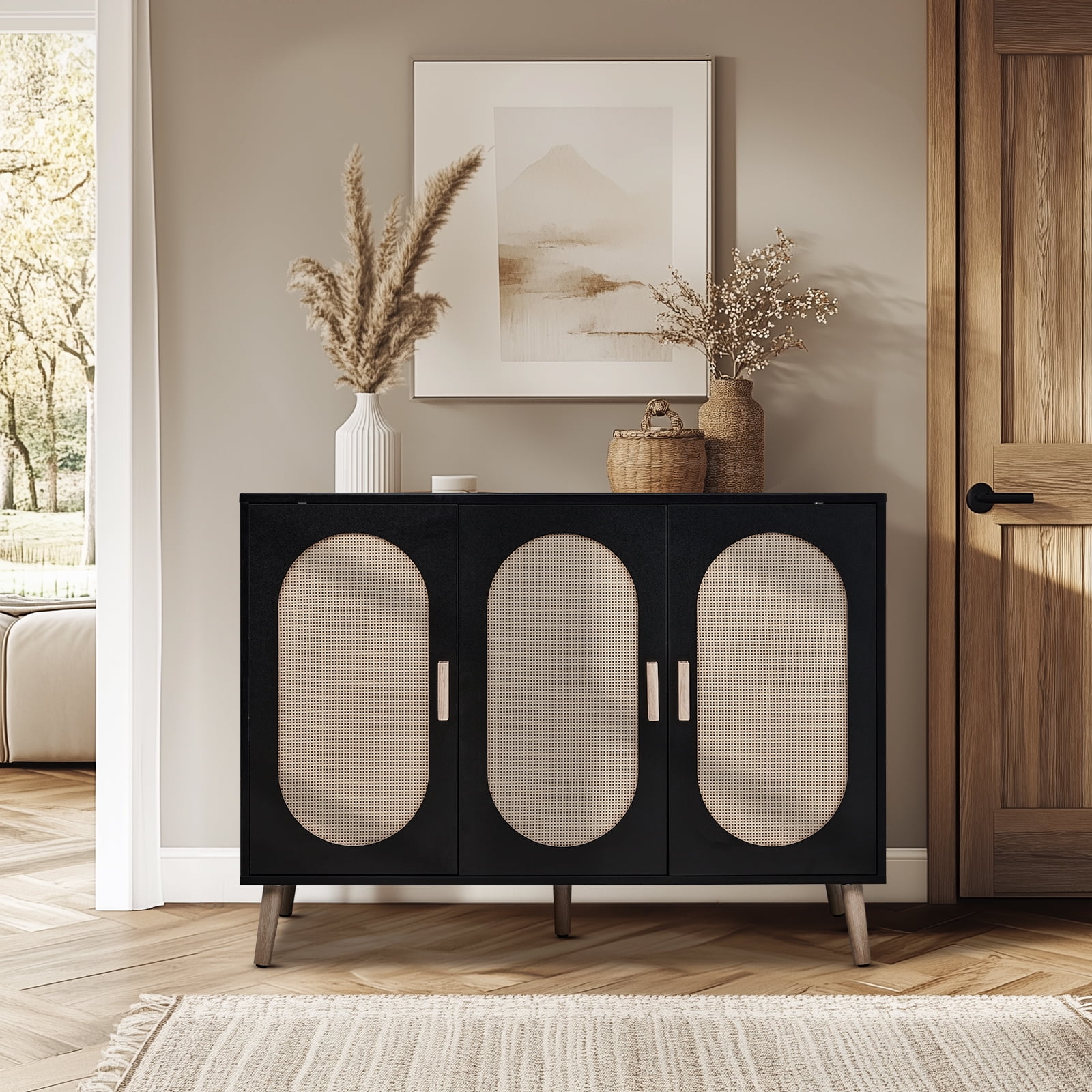 3-Door Rattan Shoe Cabinet, Black Frame Golden High-Leg Entrance Storage Cabinet with Adjustable Partitions, Oval Rattan Surface, Ample Storage for Shoes, Keys & Letters, Home Decor for Entryway