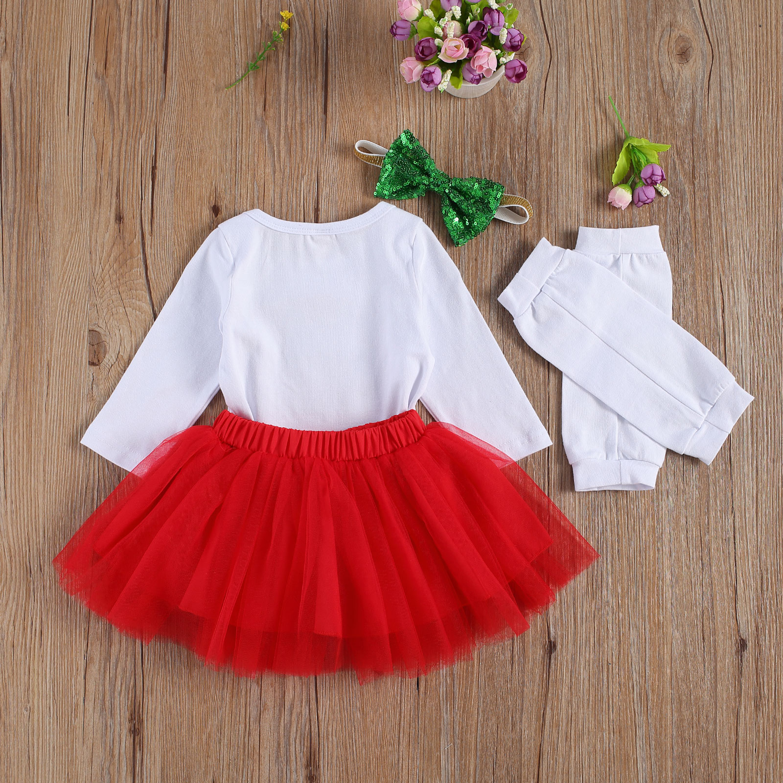Ensemble Vêtement De Noël Bébé Fille 3 Pièces - Body Lettre, Tutu Carreaux, Bandeau