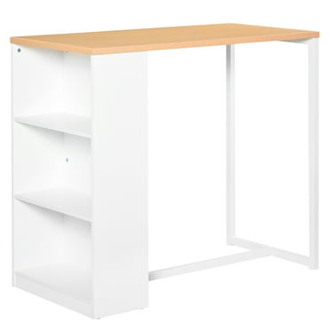 White Modern Bar Table at Counter Height - Dining Table with 3 Storage Shelves for Kitchen, Dining & Living Rooms