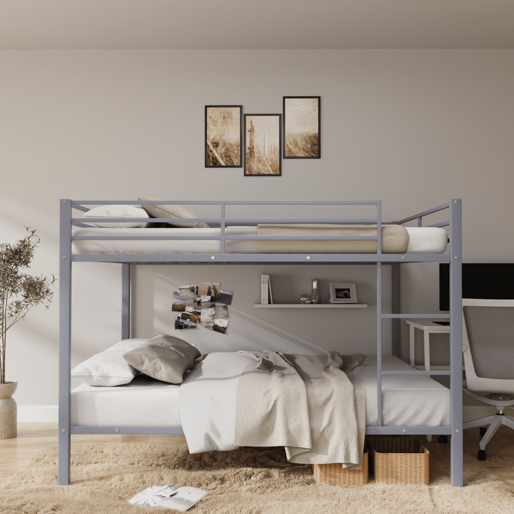 Aukfa Metal Bunk Bed Full over Full, High Guardrail and Metal Slats, Space-Saving Bed Frame for Kids Teens, Gray