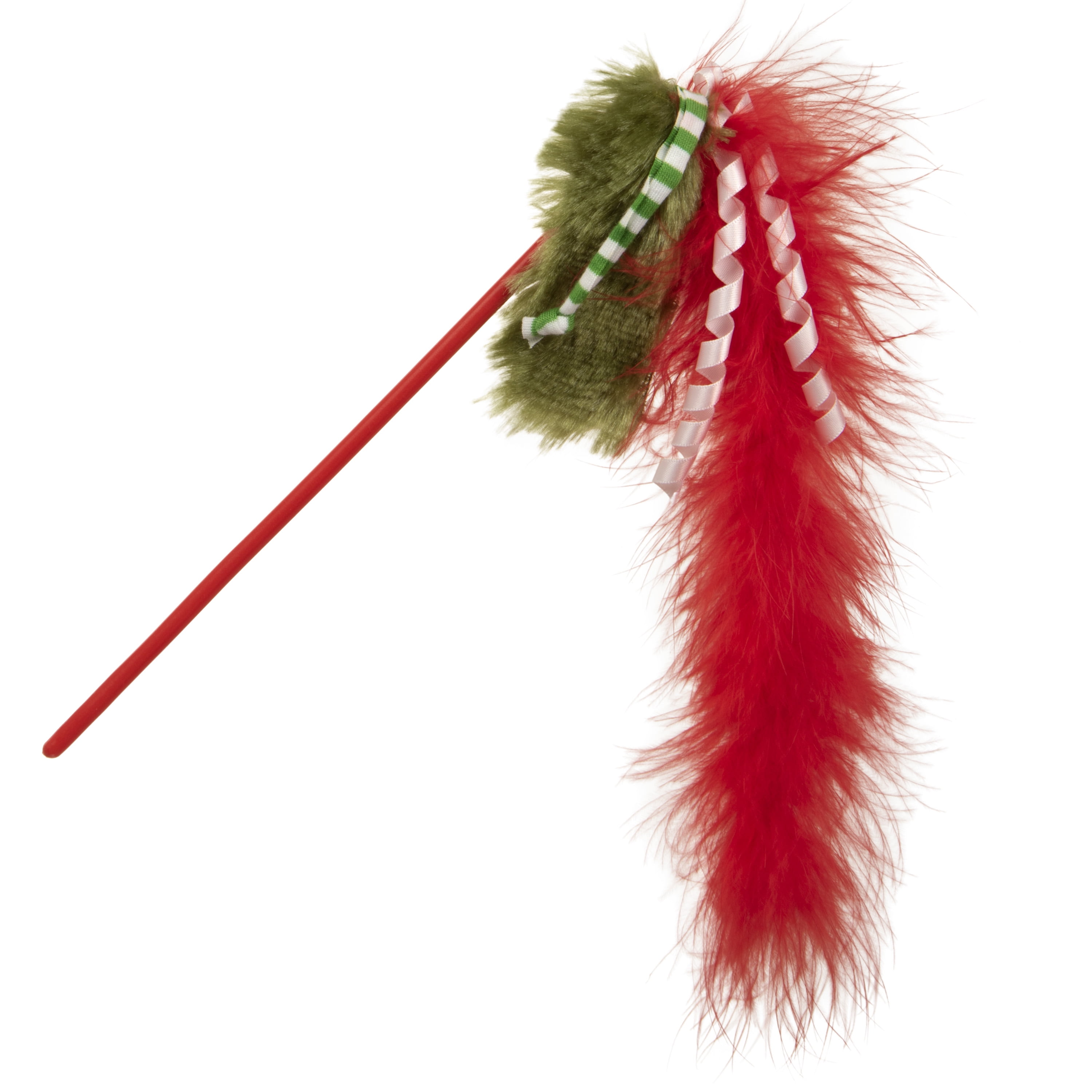 SmartyKat Play Wand Holiday Interactive Cat Toy with Feather & Plush Teaser, Red & Green