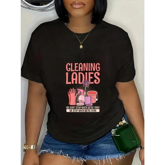 Casual Graphic Tee,Tops Has"Cleaning Lady"Text with Cleaning Tools Design,Round Neck Regular Fit T-shirts, Size(S-5XL)