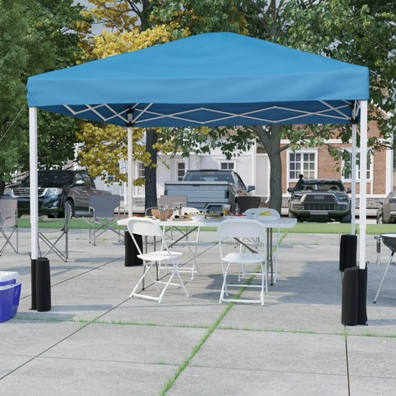 Tent Set-10'x10' Wheeled Blue Canopy Tent, 6-Foot Table, 4 White Folding Chairs