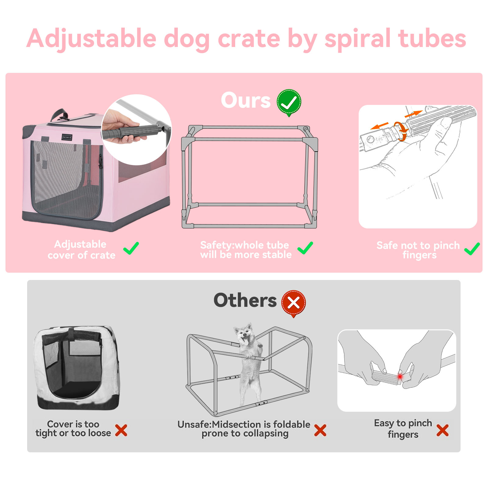 Petsfit 36inch Soft Dog Crate, Adjustable Fabric Cover by Spiral Iron Pipe, Chew Proof Strengthen Sewing Collapsible Dog Crate 3 Door Design,Pink