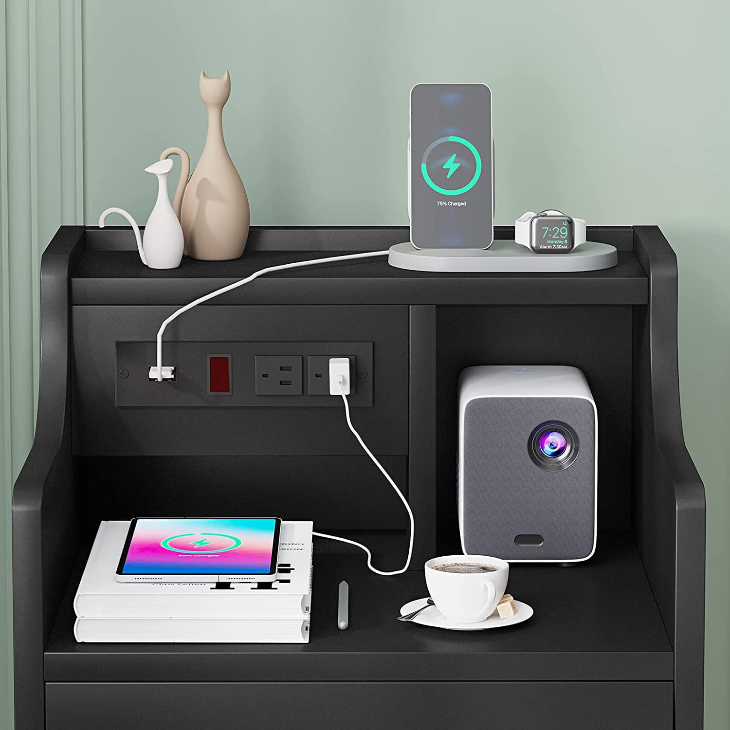Nightstands Set of 2,Black Nightstand with Hutch and 3 Drawers,Bedside Table with Charging Station for Bedrooms