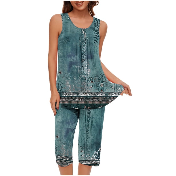 Conjunto de Verano para las Mujeres Casual Impreso sin Mangas Cuello Redondo Y Pantalones Recortados de Dos Piezas