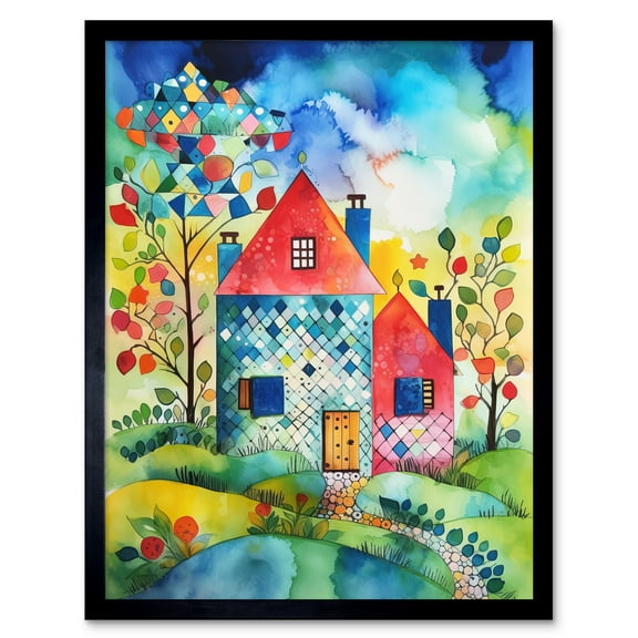 Farmhouse In The Flowers Folk Art Art Print Framed Poster Wall Decor 12x16 inch