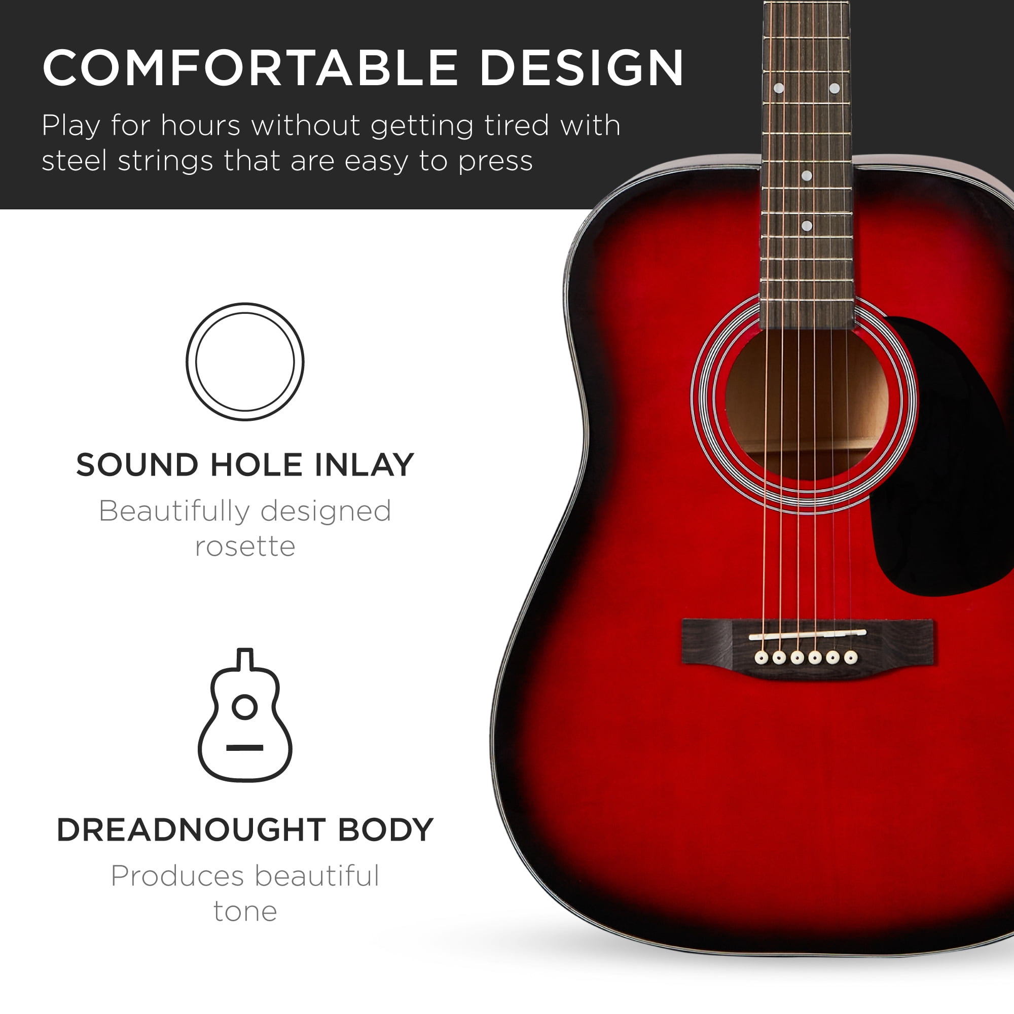 Best Choice Products 41in Full Size All-Wood Acoustic Guitar Starter Kit w/Gig Bag, E-Tuner, Pick, Strap - Red Burst