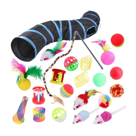 22 piece Interactive Cat Toy Sets,Collapsible Cat Tunnels for Indoor Cats, Feather Teaser Crinkle Balls Spring Toy Catnip Fish for Cats , B99505