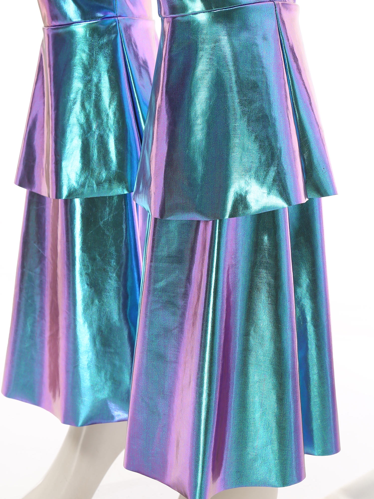 Eandarui Womens 70s Disco Outfits Holographic Shiny Metallic Sleeveless Jumpsuits for Party Club Blue L