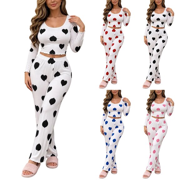XYAIYT Pajamas for Women Set Graphic Printed Loungewear 2 Pcs Long Sleeve Crop Top and Long Pants Sleepwear Sets