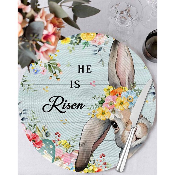 15 Inch Round Placemats Set of 4, Easter Non Slip Heat Insulation PP Table Mats, Spring Farmhouse Bunny Flower Teal Wood Grain Washable Place Mats for Kitchen Dining Party Table Decor