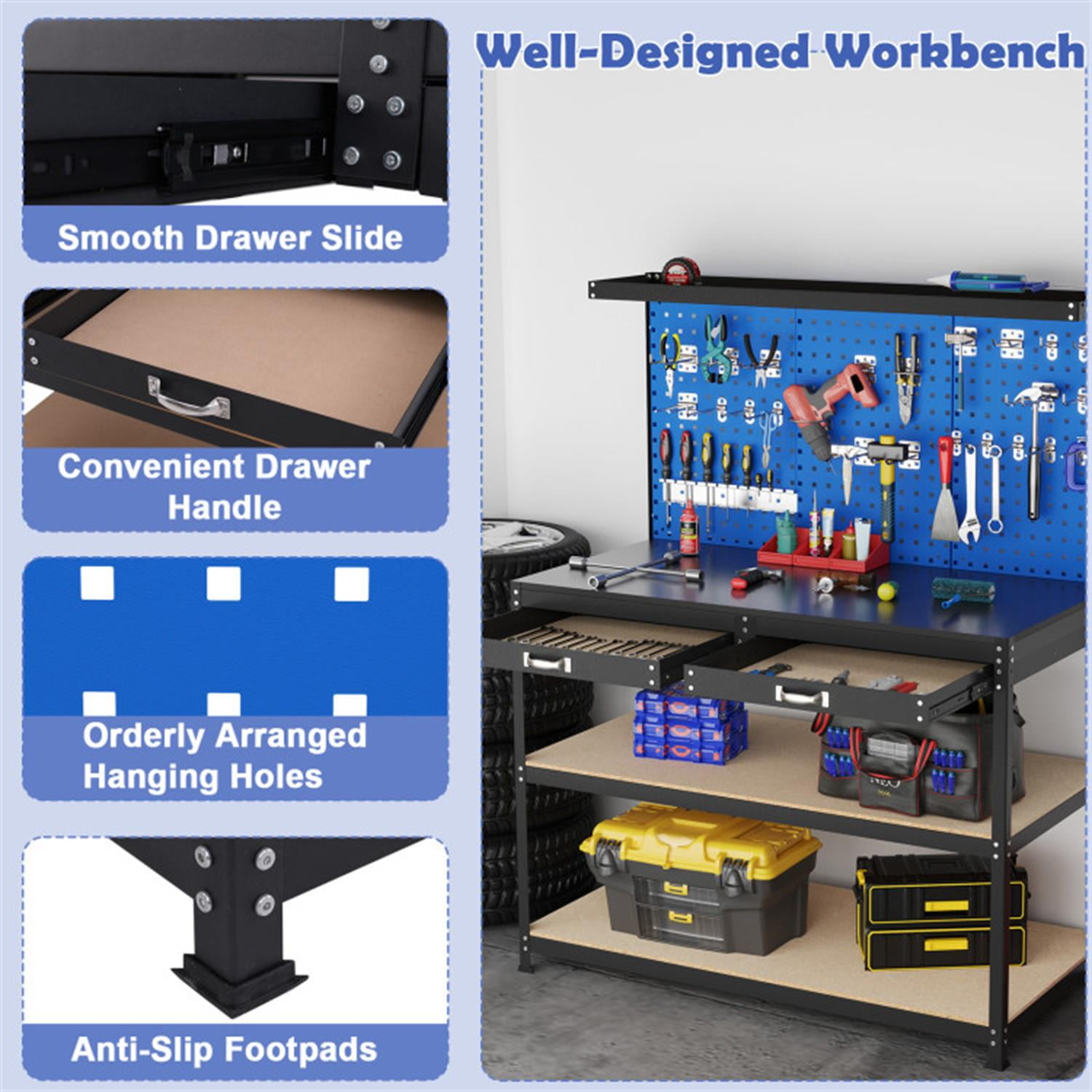 Demi Bonn 48" x 24" Workbench Work Table with 2 PCs Pegboard Drawer and Shelves, 4-Tier Heavy Duty Metal Tool Storage Bench for Garage, Workshop, Blue
