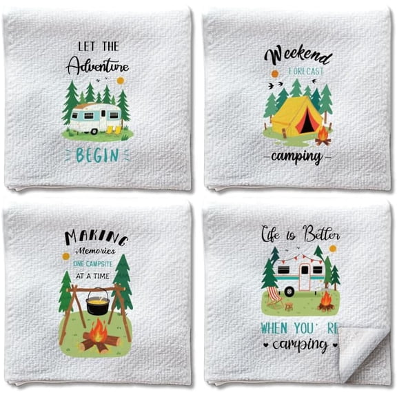4 Styles Camping Theme Hand Towels Funny Camping Bonfire Tent Decorative Tea Dish Towels Novel Gifts for Campers Soft Absorbent