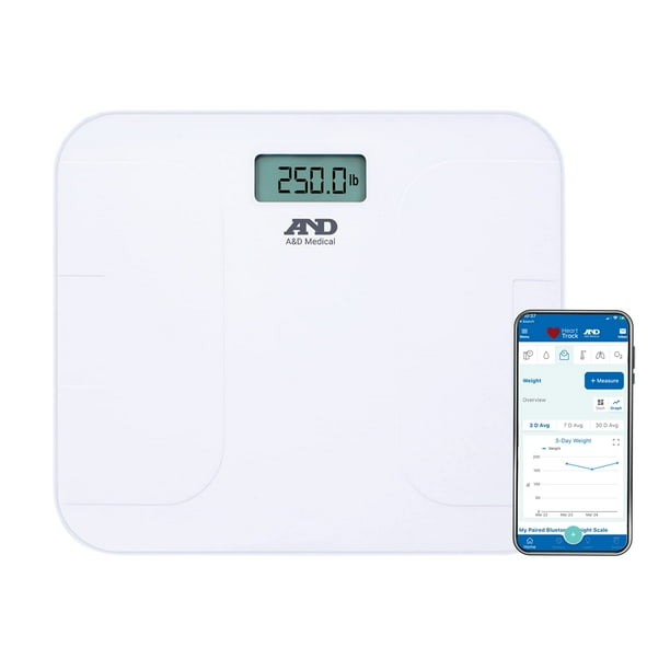 Báscula digital A&D Medical UC-356BLE, báscula de baño con Bluetooth, plataforma ultra ancha y pantalla grande, sincronizable con la app A&D, 249 kg (550 lb), pilas incluidas, compatible con FSA/HSA,
