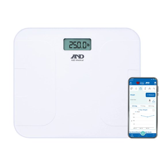 Báscula digital A&D Medical UC-356BLE, báscula de baño con Bluetooth, plataforma ultra ancha y pantalla grande, sincronizable con la app A&D, 249 kg (550 lb), pilas incluidas, compatible con FSA/HSA,