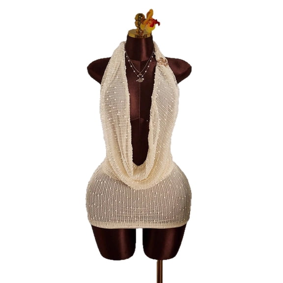 Women’s Knit Halter Mini Dress, Sexy Backless Sleeveless Bodycon Dress with Ruched High Neck, Trendy Fashion Soft Knit Short Dress for Casual Styling