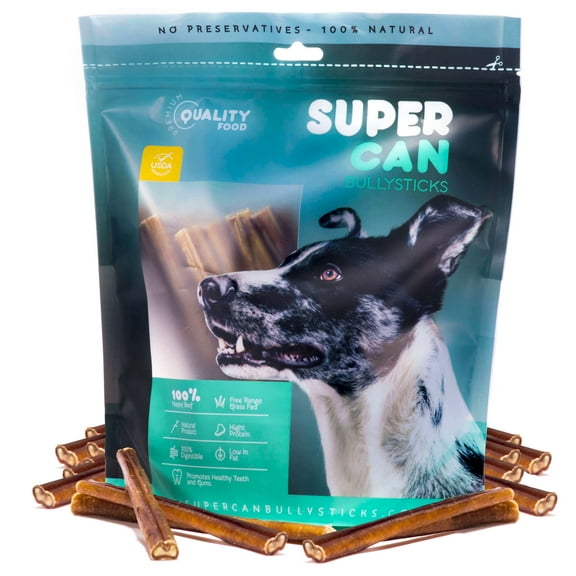 Supercan 6-inch Junior Bully Sticks for Small Dogs 15-Pack, 100% Natural Dog Chews Ideal for Small Breeds and Puppies. Non-GMOs Grass Fed Long Lasting Dental Chews