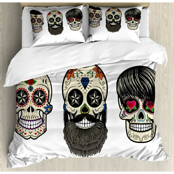 Day Of The Dead Decor King Size Duvet Cover Set, Skull Human Heads with Happy Faces Floral and Geometric Shaped Eyes, Decorative 3 Piece Bedding Set with 2 Pillow Shams, Multicolor, by Ambesonne