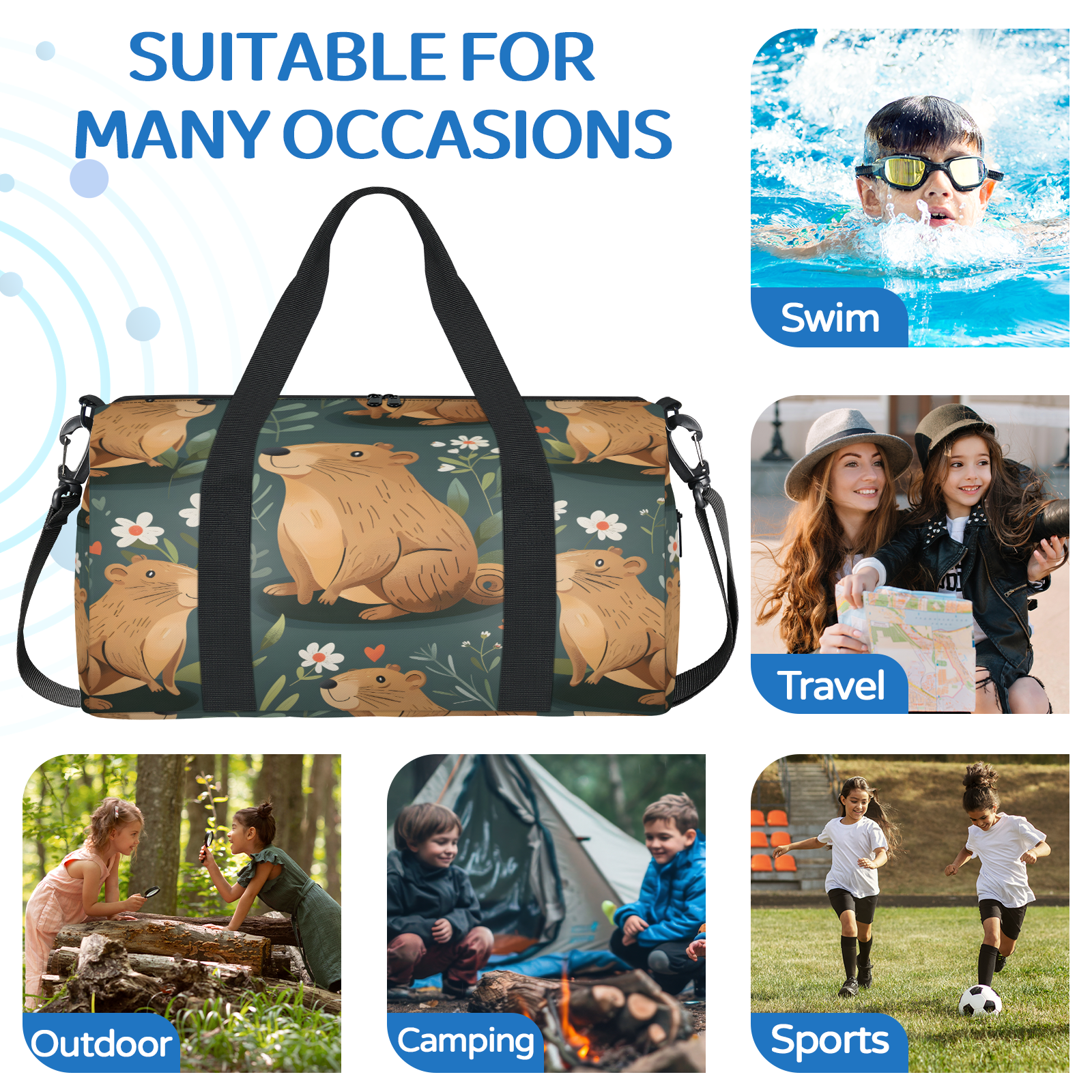 Herdesigns Funny Travel Duffle Bag Sports Yoga Weekender Overnight Carry on Workout Bags Lightweight Waterproof Gym Tote Bag for Women Capybara