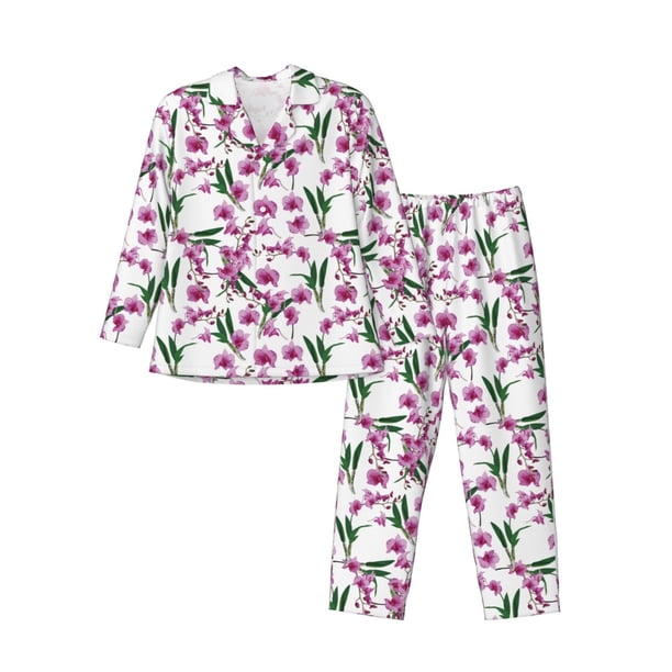 Balery Orchids Flowers Pijama para Hombre de Dos Piezas con Manga Larga, Conjunto de Dormir y Descanso Suave con Bolsillos-Medium