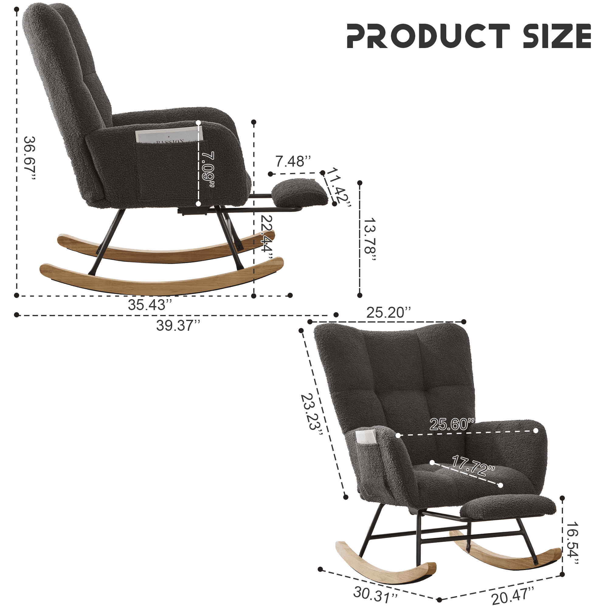 Leumius Nursery Rocking Chair with Footrest,Teddy Fabric Upholstered Glider Rocker Chair with High Backrest,Side Storage Pocket & Solid Wood Legs,Comfy Accent Chair for Living Room Bedroom,Gray