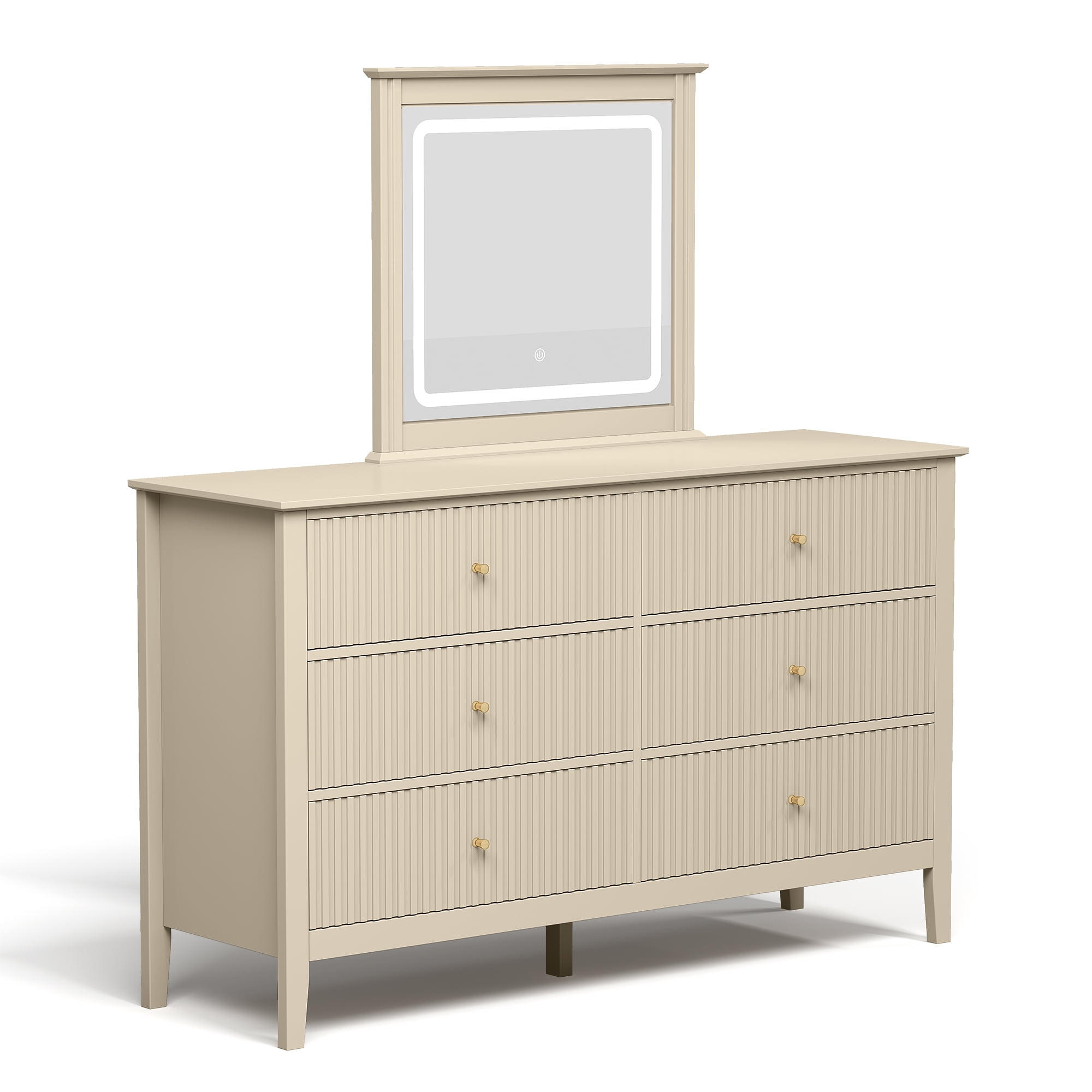 Heynemo Fluted 6 Drawer Dresser with Lighted Mirror, Wide Modern Chests of Drawers for Bedroom, Living Room, Hallway, Beige
