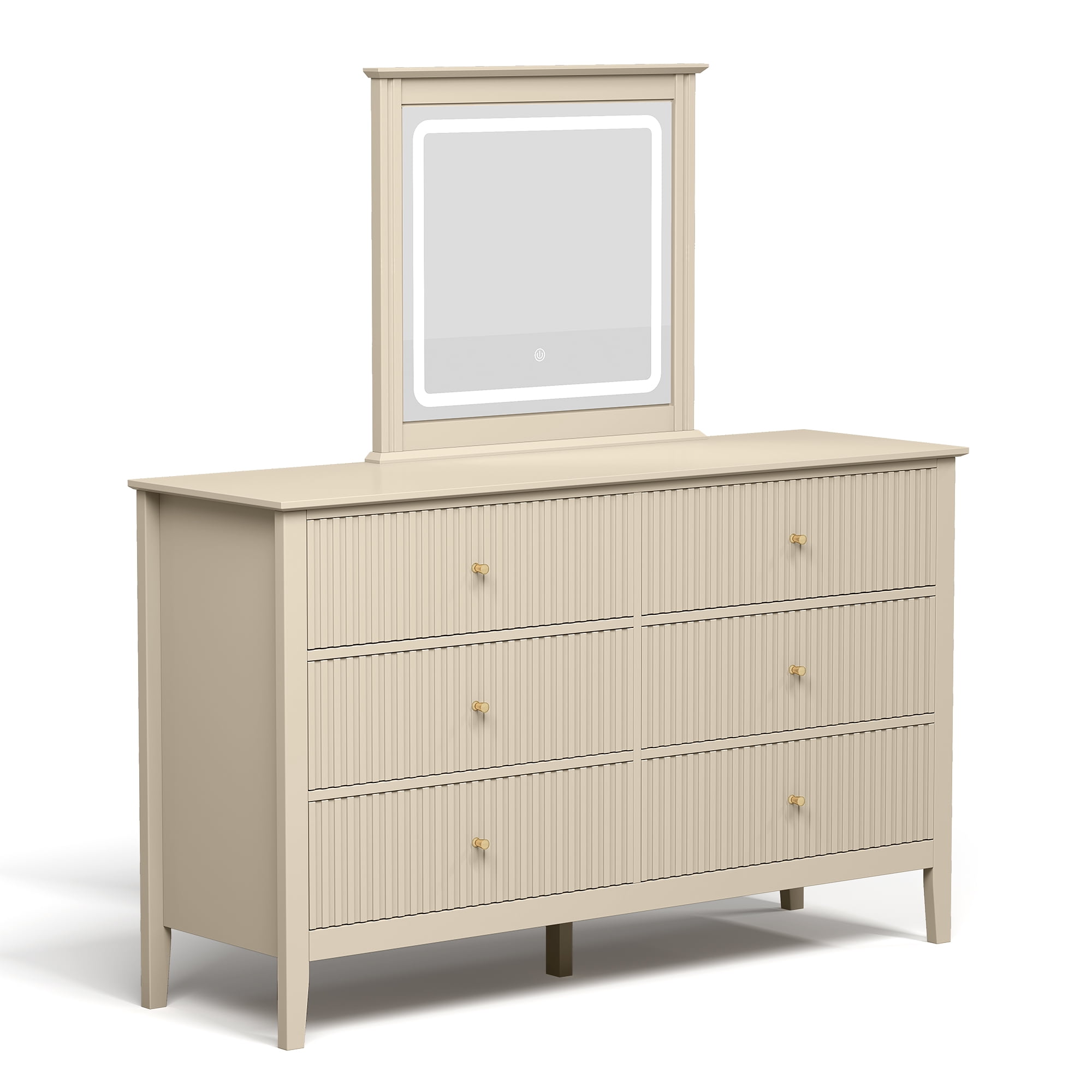 Heynemo Fluted 6 Drawer Dresser with Lighted Mirror, Wide Modern Chests of Drawers for Bedroom, Living Room, Hallway, Beige