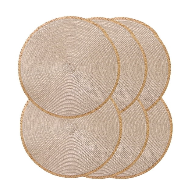 Juego 6 Manteles Individuales Redondos 15" Beige Natural Trenzado | Lavables, Resistentes al Calor
