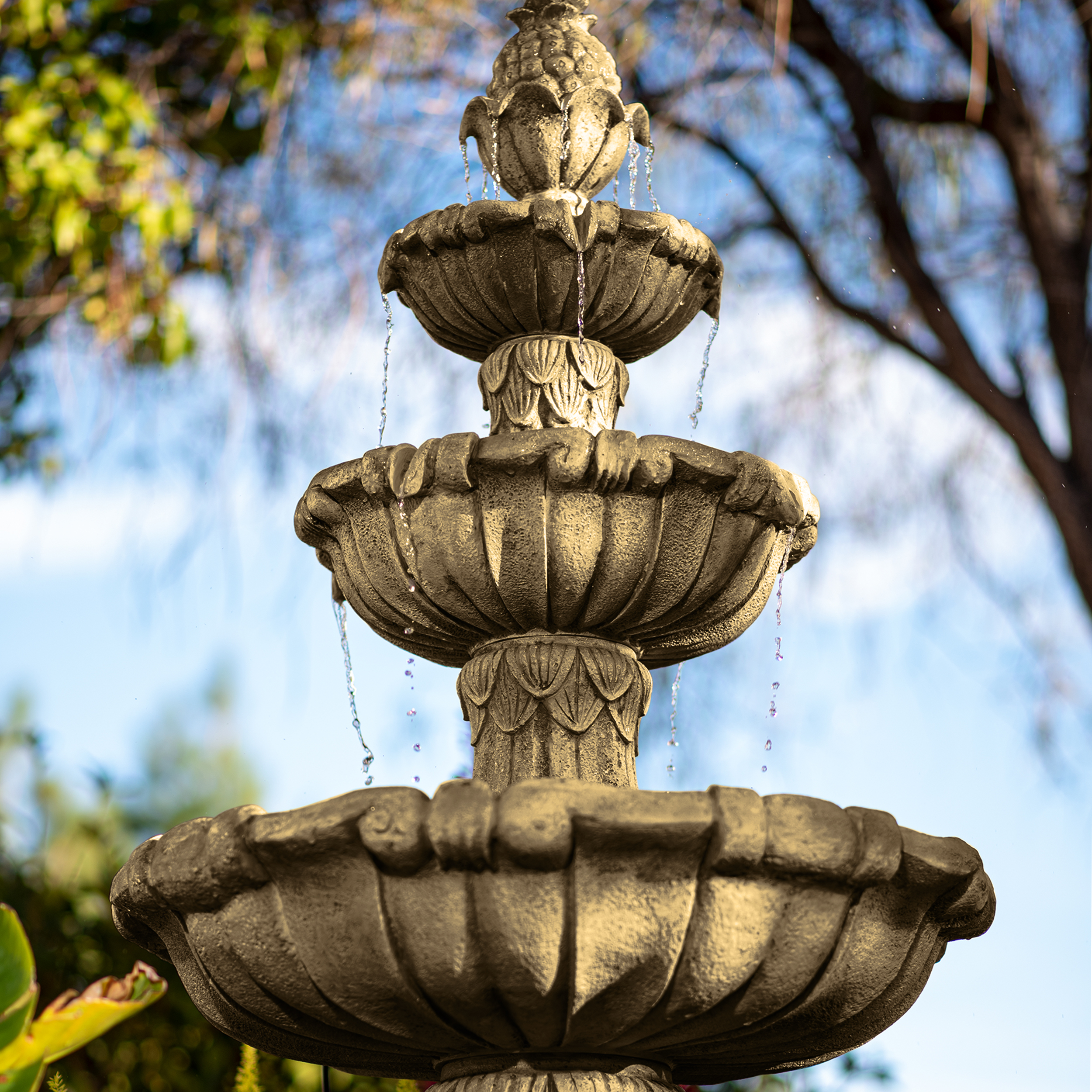 58.3" 3-Tier Electric Outdoor Freestanding Water Fountain - Classic Leaf Design, Beige Resin with Pump