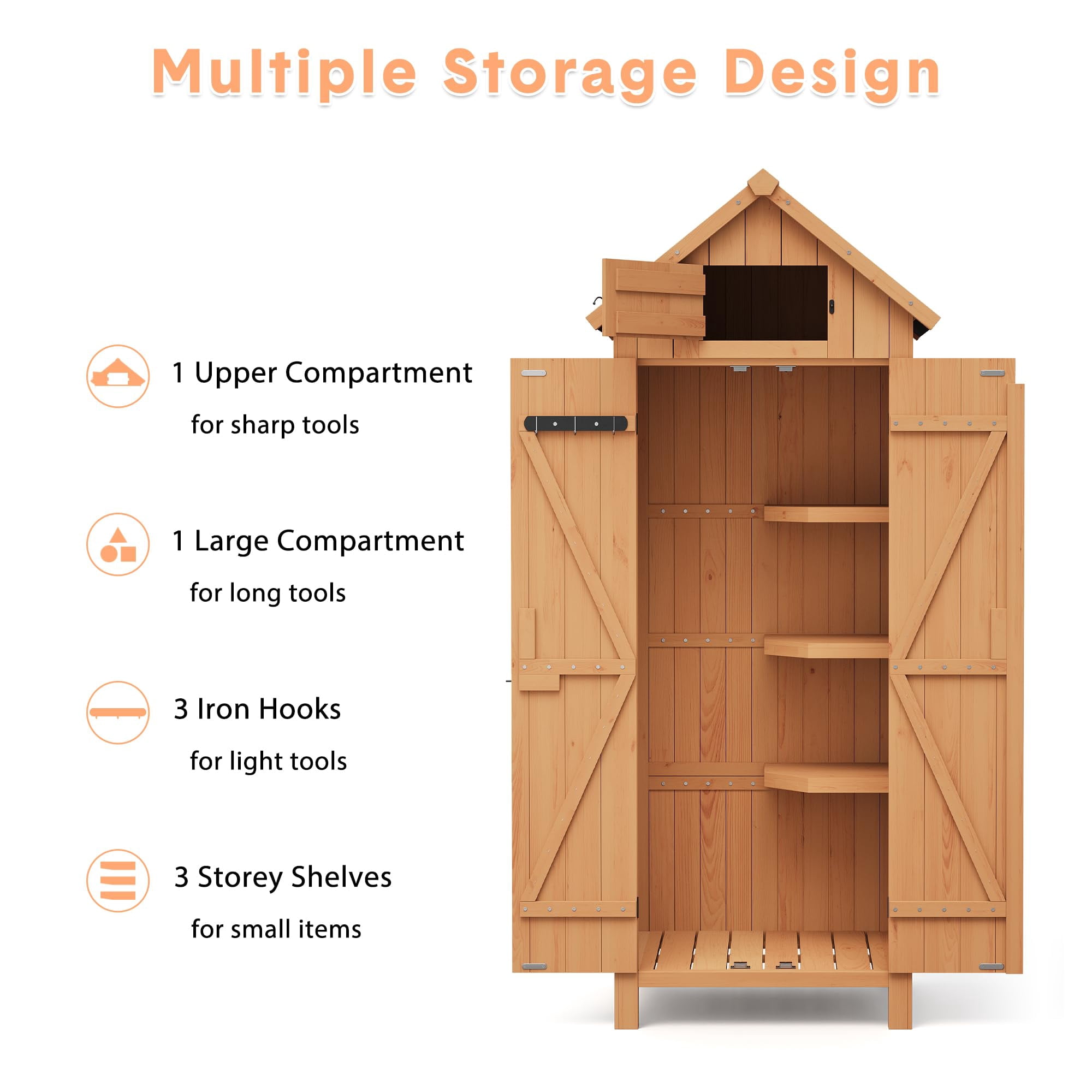 BouPower 63"/70" Waterproof Wooden Outdoor Storage Shed – Vertical Garden Cabinet with 3 Shelves, Lockable Door & Roof Storage, Space-Saving Design for Patio, Yard, or Lawn