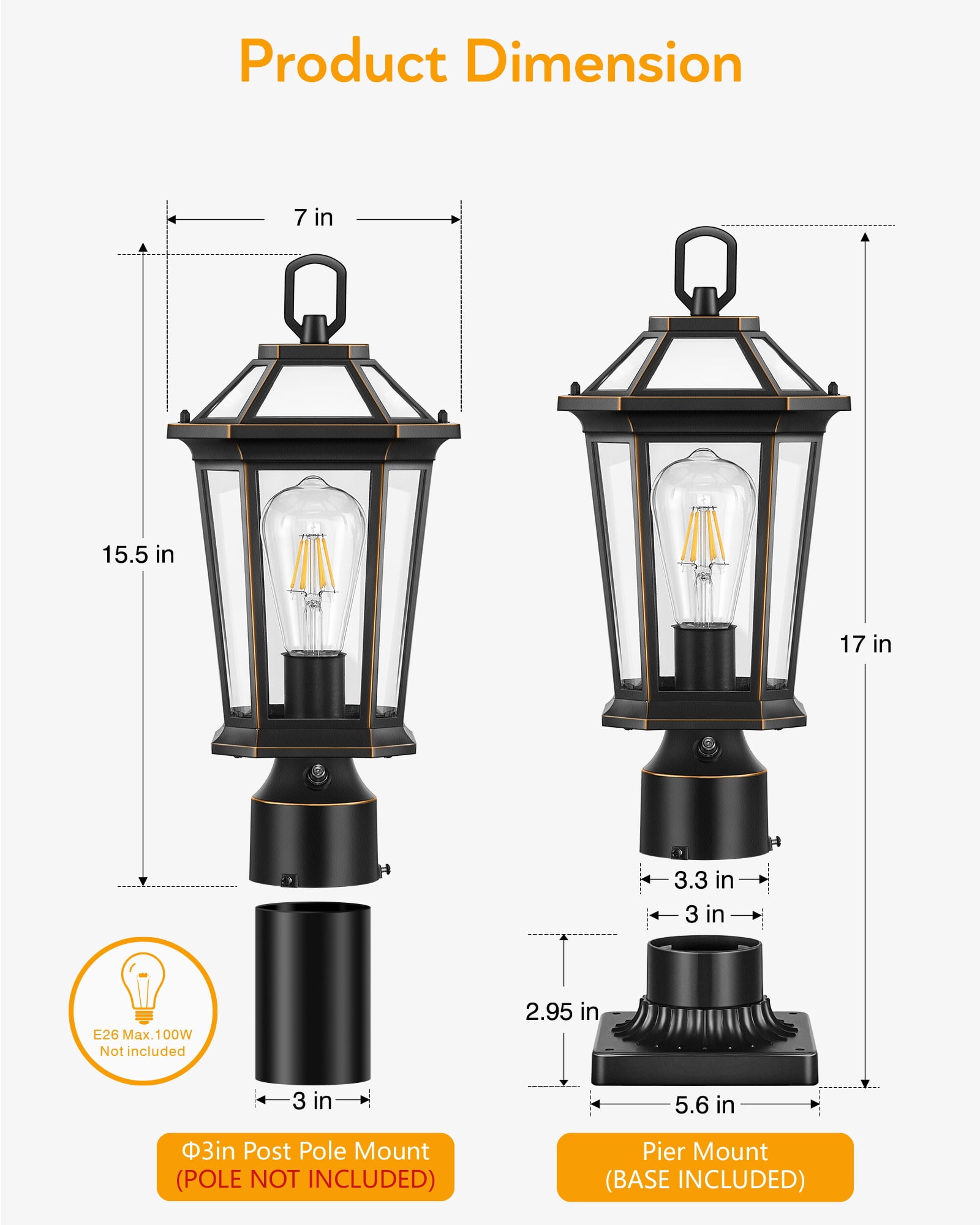 VIANIS Dusk to Dawn Outdoor Post Lights, Black Light Posts for Outside with Pier Mount Base, 100% Aluminum Waterproof Exterior Lamp Post with Tempered Glass Panels for Garden (Hardwired 120V)