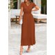 thumbnail image 3 of Vestido largo PRETTYGARDEN para mujer, cuello en V, volantes, manga corta, marrón, 3 of 8