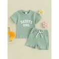 thumbnail image 2 of Liacowi 2Pcs Kids Girls Summer Clothes Toddler Baby Girl Beach Outfit 6M 1T 2T 3T Letter Print Short Sleeve Round Neck T-Shirt +Ribbed Shorts, 2 of 9