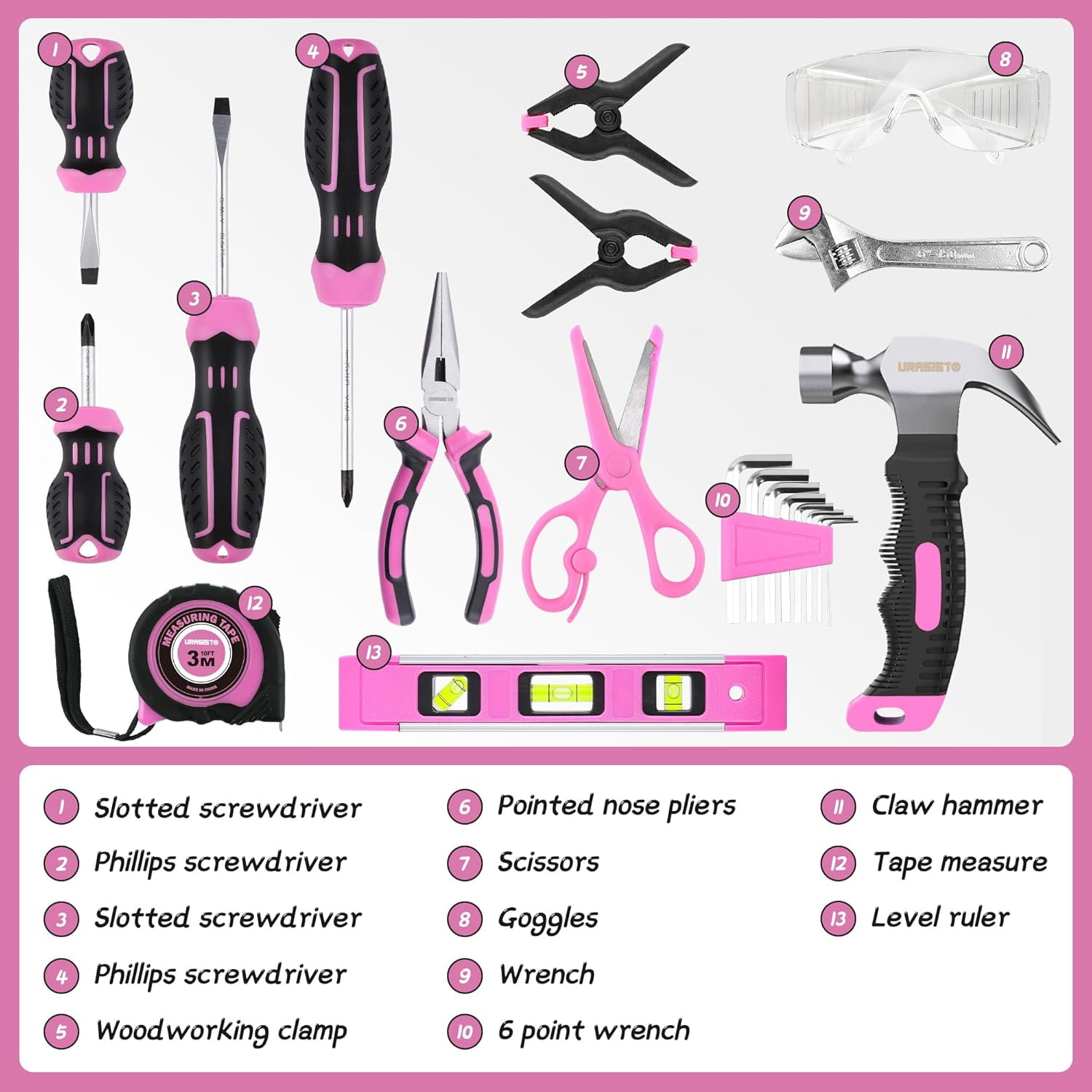 22-Piece Pink Tool Set with Storage Bag, Pink Junior Real Hand Tool Kit