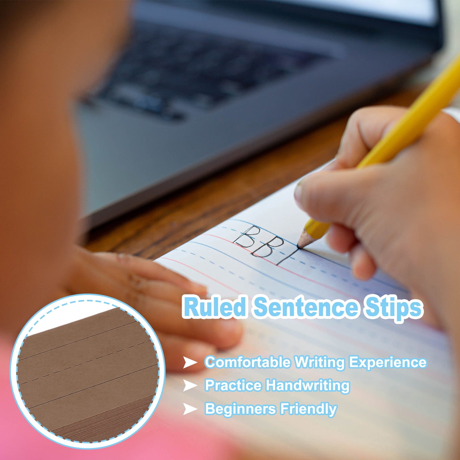 Uxcell 100 Sheets Ruled Sentence Strips, 3" x 17" Cardstock 250GSM Writing Paper Blue Red Lined for Classrooms, Brown