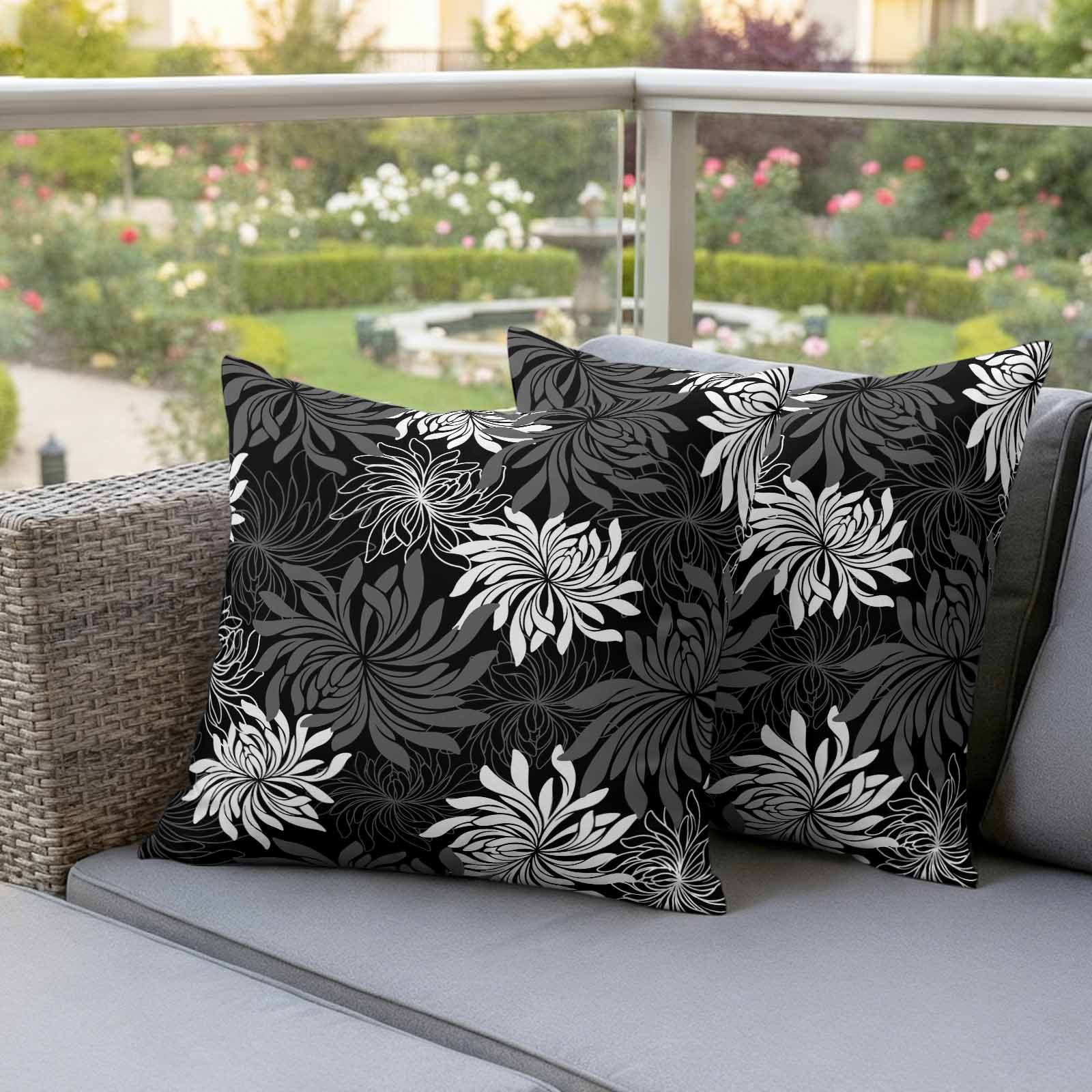 Black Grey Flowers Outdoor Waterproof Throw Pillow Covers 20x20 Set of 2, Modern Abstract Blooms Floral Decorative Pillowcases Cushion Pillowcase for Couch Sofa Patio Outside Pillow Protector