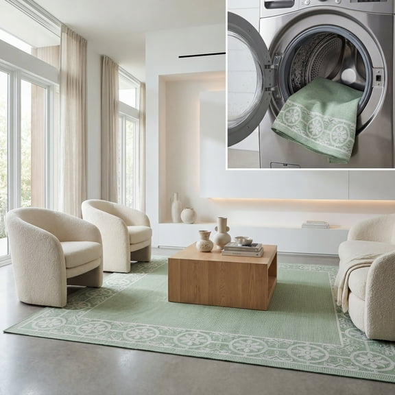 SAFAVIEH Machine Washable Rug Indoor/Outdoor Bermuda Collection - Bermuda Feride Floral Indoor/Outdoor Area Rug, Green/Ivory, 6'7" x 6'7" Square